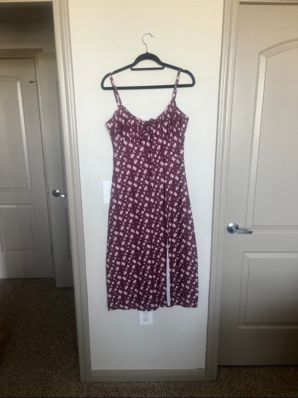 Women's Burgundy Floral Midi Dress with Spaghetti Straps